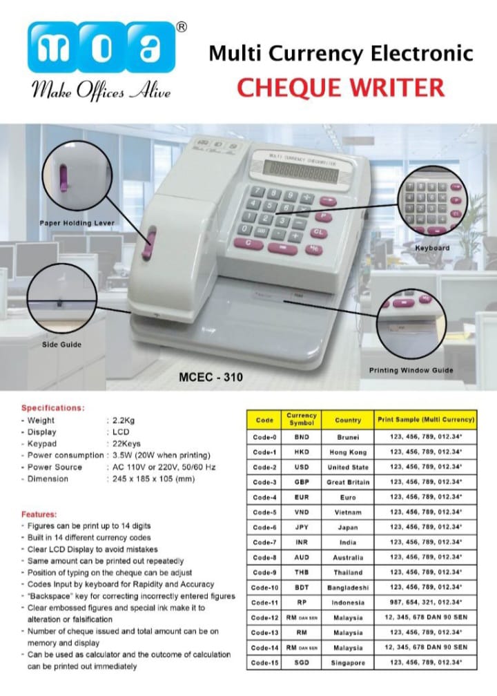 MOA MCEC310 Cheque Writer E & C Enterprise Co.